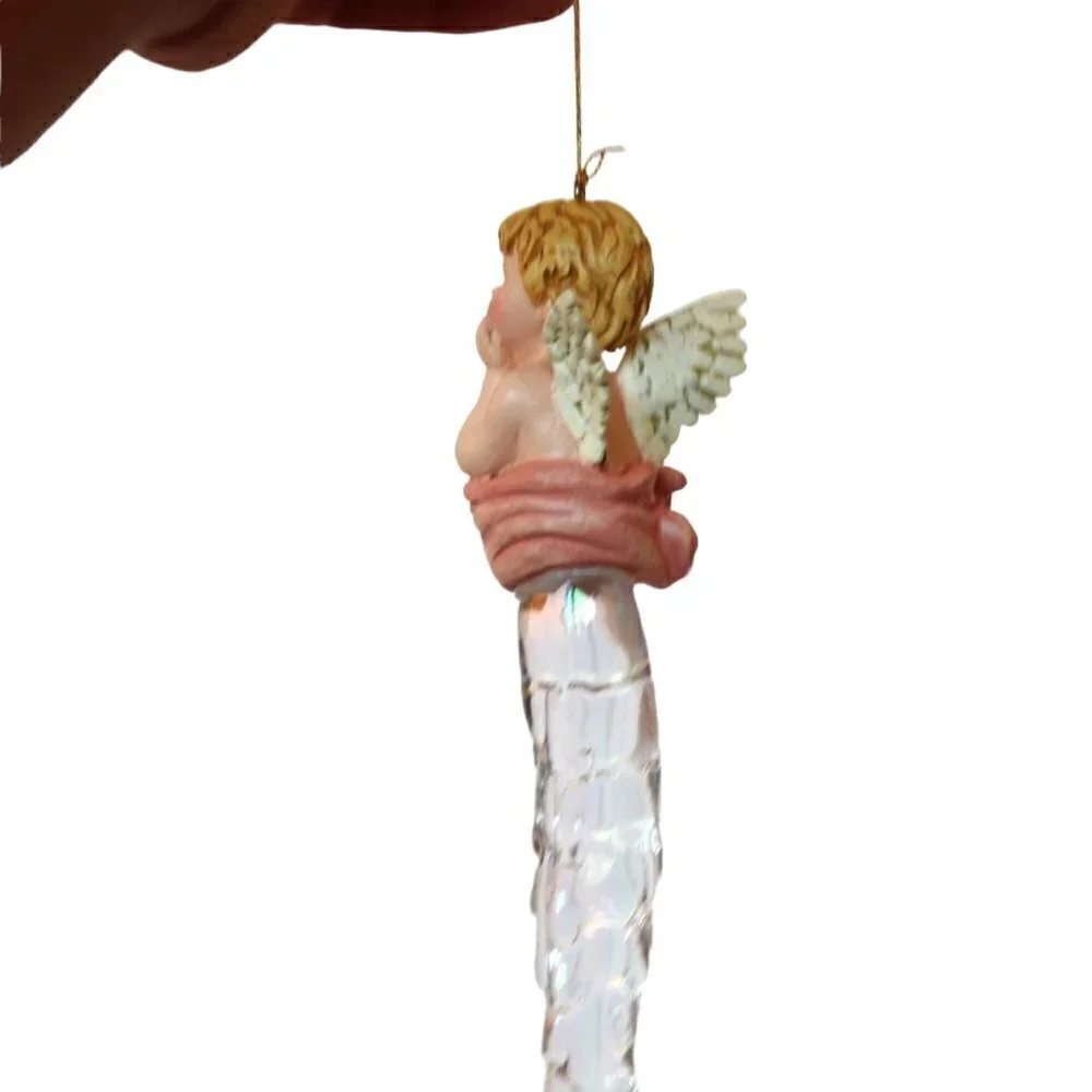Vintage Icicle Angel tree ornament hand painted putty cherub holiday decoration